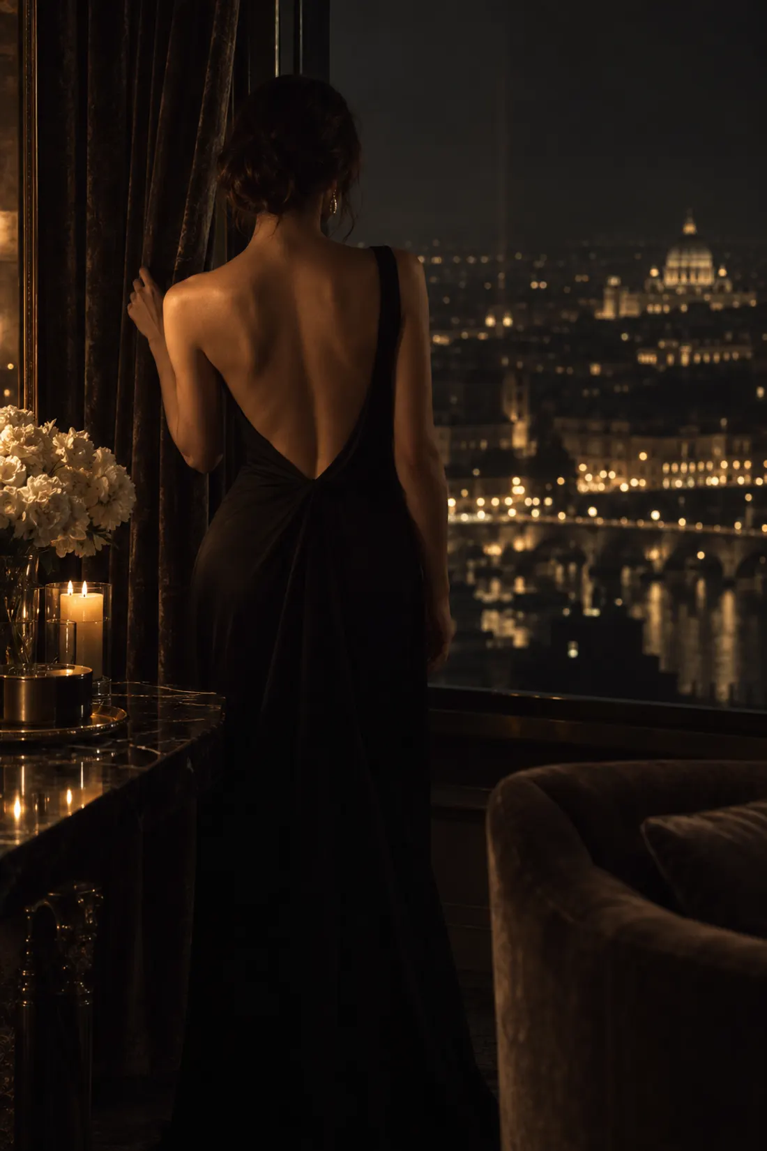 Une femme de dos dans une robe noire, devant une fenêtre ouverte sur la ville la nuit