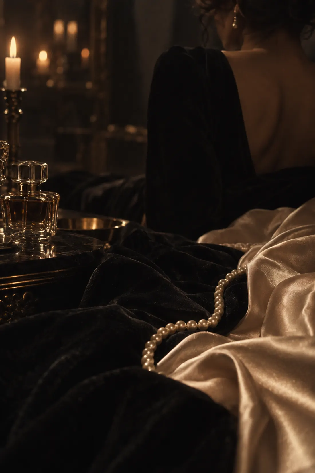 Velours noir et satin champagne, un collier de perles qui glisse